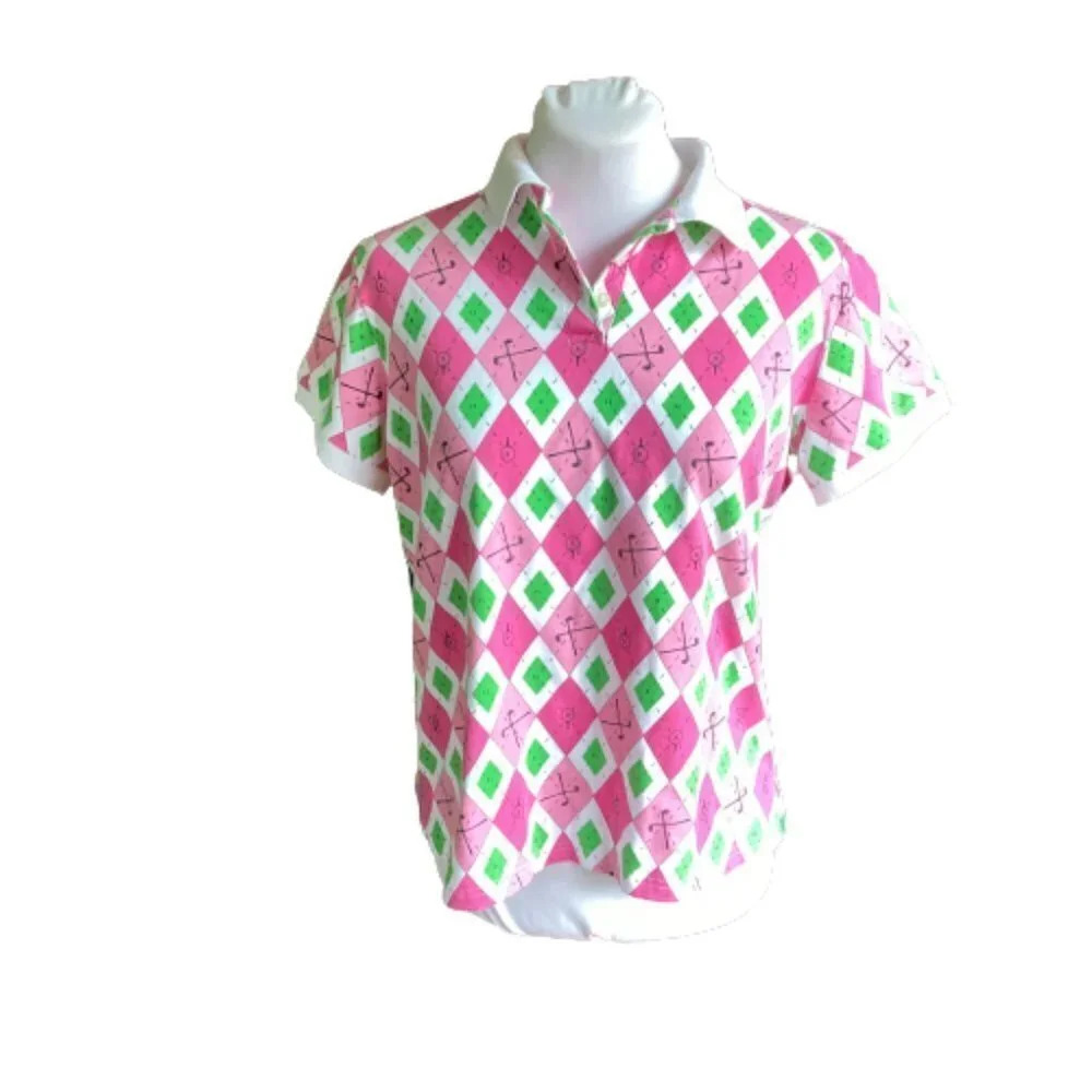 ALLYSON Whitmore Golf Polo Pink, White & Green Pattern w Golf Tees and Clubs, PL